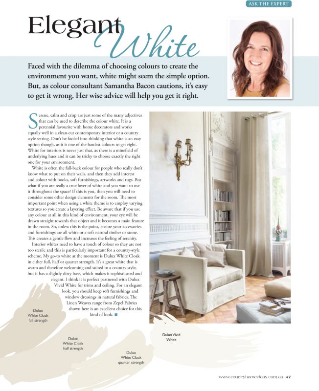 Article by Samantha Bacon in Country Home Ideas - How to use Elegant White